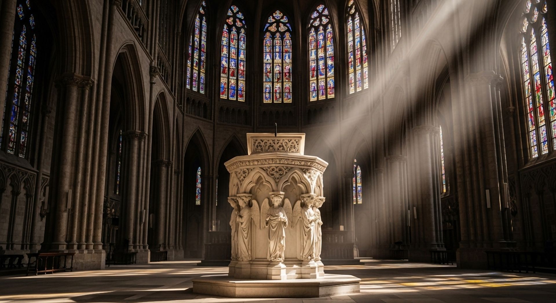 Sunlight streaming through stained-glass windows across a cathedral pulpit