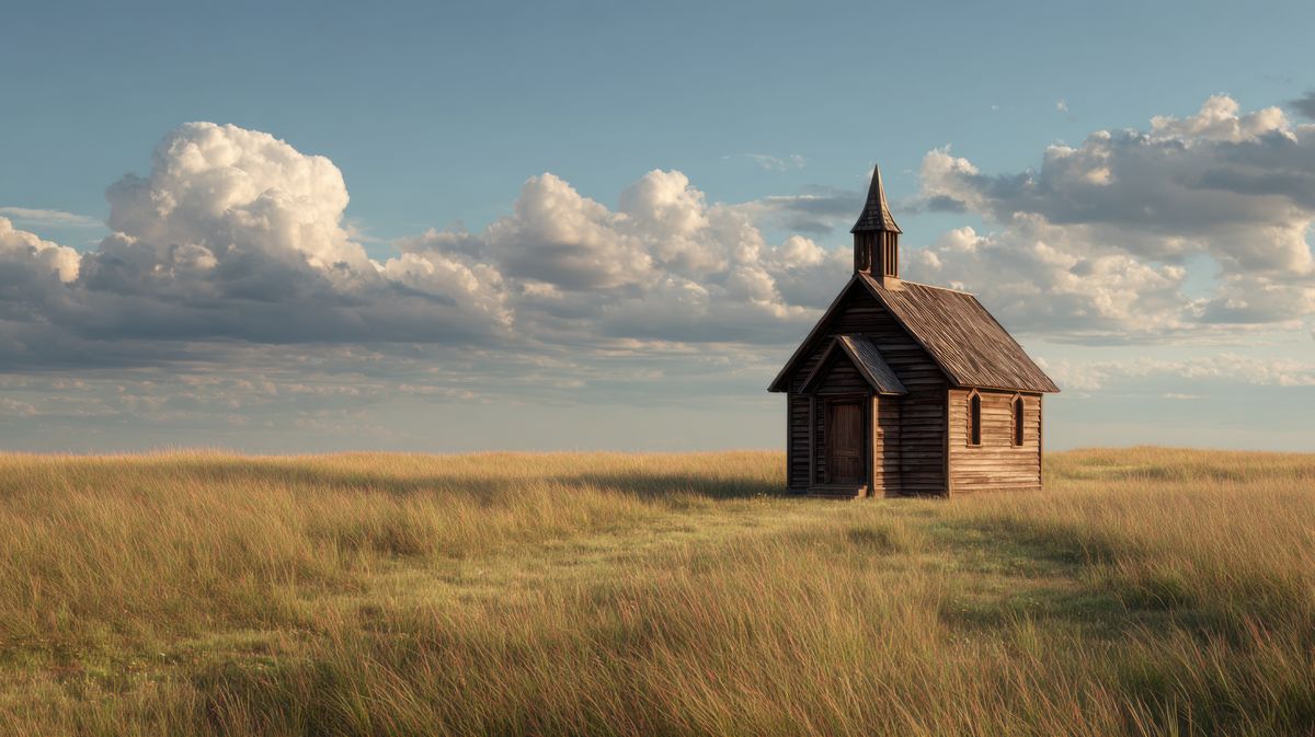 Small wooden chapel standing on a quiet prairie