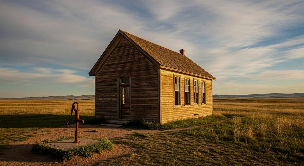One-room wooden schoolhouse on the open prairie at sunset