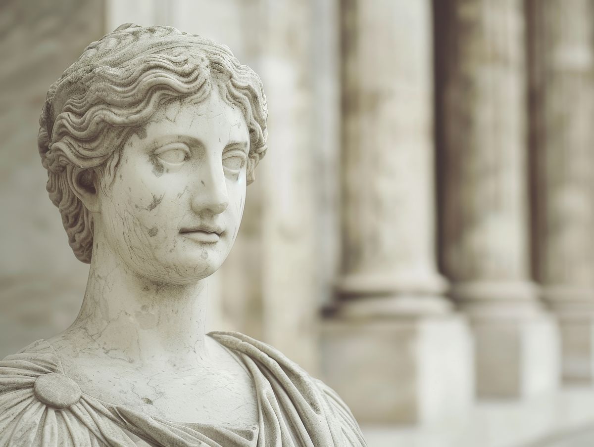 Classical marble statue beside stone columns